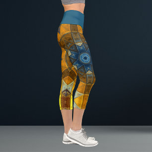 Mosaik Mandala Blume Gelb und Blau Capri Leggings