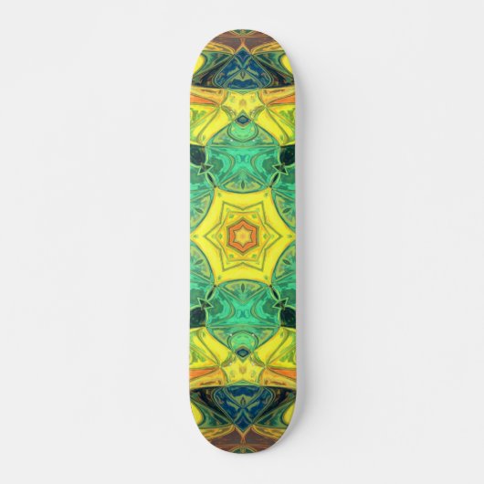 Mosaik Mandala Blume Grün Gelb Blau und Orange Skateboard (Vorne)