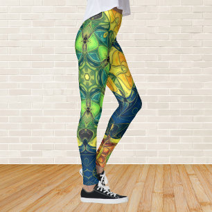Mosaik Mandala Blume Grün Gelb und Blau Leggings