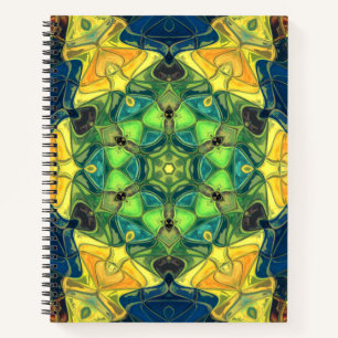 Mosaik Mandala Blume Grün Gelb und Blau Notizblock