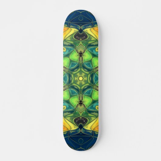 Mosaik Mandala Blume Grün Gelb und Blau Skateboard (Vorne)