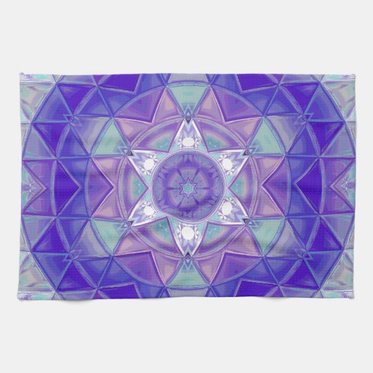 Mosaik Mandala Blume Lila Blau und Weiß Geschirrtuch (Horizontal)