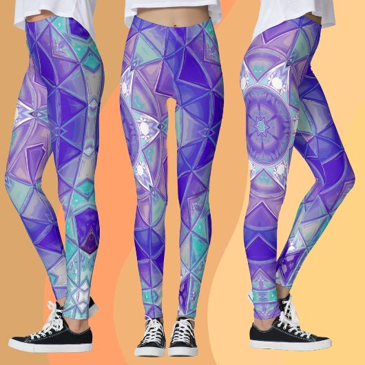 Mosaik Mandala Blume Lila Blau und Weiß Leggings