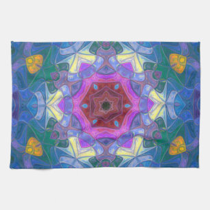 Mosaik Mandala Blume Rosa Blau und Gelb Geschirrtuch