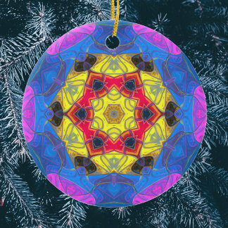 Mosaik Mandala Blume Rosa Gelb und Blau Keramik Ornament