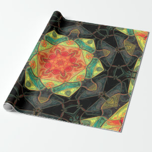 Mosaik Mandala Blume Rot Gelb Grün und Schwarz Geschenkpapier