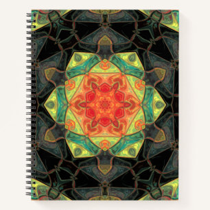 Mosaik Mandala Blume Rot Gelb Grün und Schwarz Notizblock