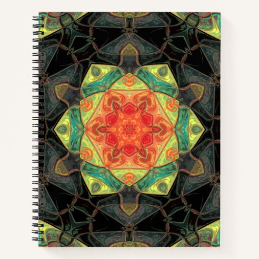 Mosaik Mandala Blume Rot Gelb Grün und Schwarz Notizblock (Vorderseite)