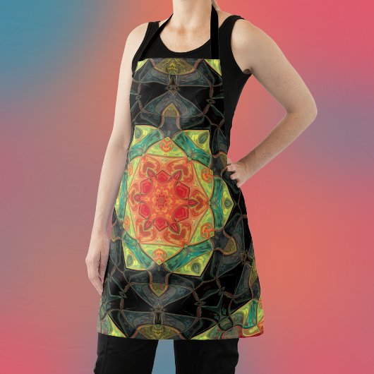 Mosaik Mandala Blume Rot Gelb Grün und Schwarz Schürze