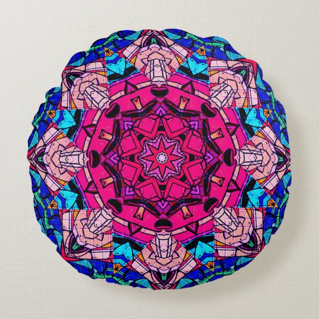 Mosaik Pink Mandala Floral Psychedelic Retro Rundes Kissen (Vorderseite)