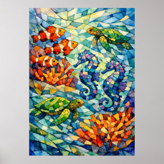 Mosaik-Riff-Aquarell-Meeresleben-Kunst Poster