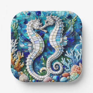 Mosaik-Seepferdchen Romantischer Strand  Pappteller