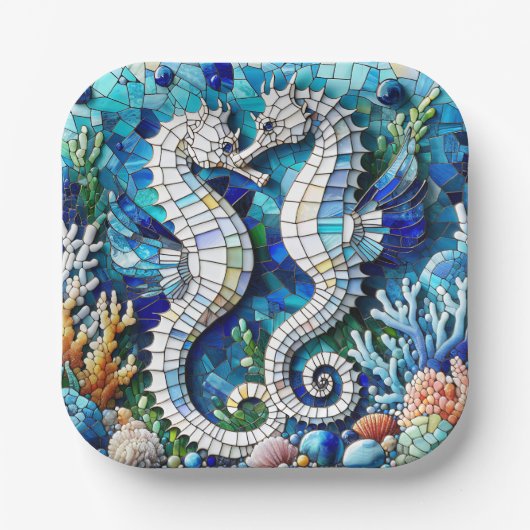 Mosaik-Seepferdchen Romantischer Strand Pappteller (Vorderseite)