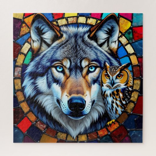 Mosaik-Stil Eule und Wolf Wildlife Lebendig Puzzle (Vertikal)