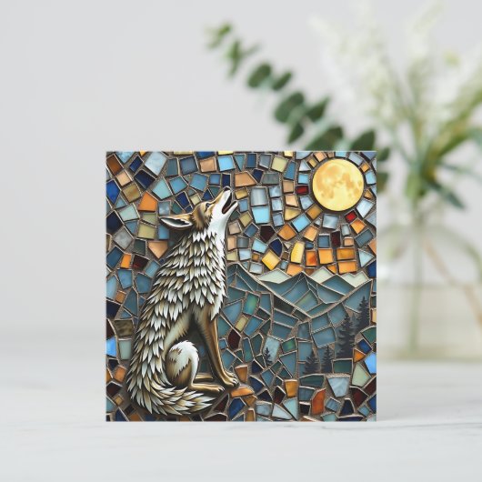 Mosaik Tile Wolf Howling am Mond Karte (Stehend Vorderseite)