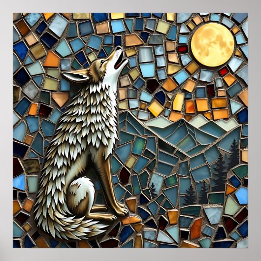 Mosaik Tile Wolf Howling am Mond Poster (Vorne)