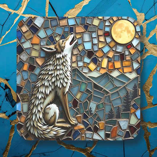 Mosaik Tile Wolf Howling am Mond Quadratischer Aufkleber