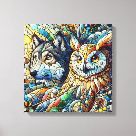 Mosaik Tile Wolf und Owl Leinwanddruck (Vorderseite)