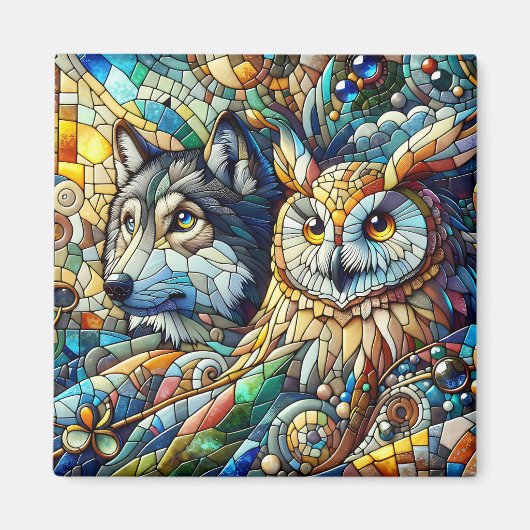Mosaik Tile Wolf und Owl Magnet (Vorne)