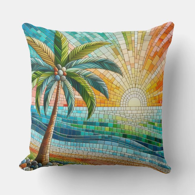 Mosaik Tropical Beach Sunset Palm Kissen (Vorderseite)