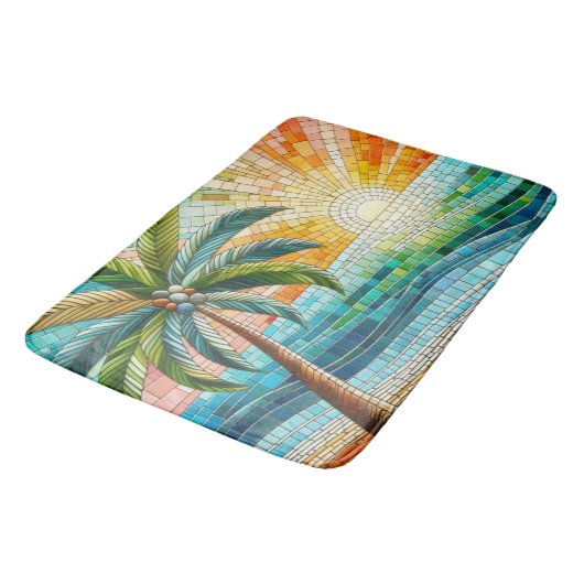 Mosaik Tropical Beach Sunset Palm Tree Badematte (Schrägansicht)