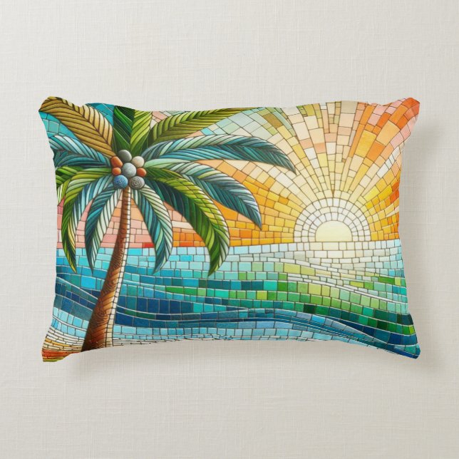 Mosaik Tropical Beach Sunset Palm Tree Dekokissen (Vorderseite)