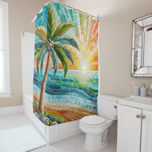 Mosaik Tropical Beach Sunset Palm Tree Duschvorhang (Beispiel)