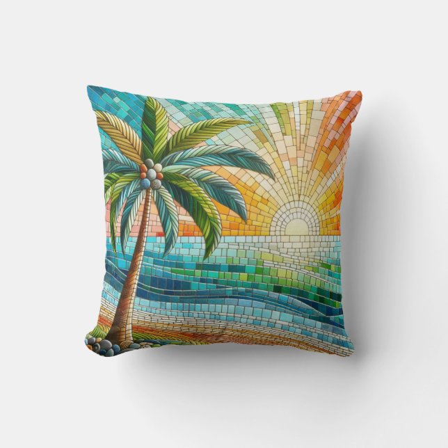 Mosaik Tropical Beach Sunset Palm Tree Kissen (Vorderseite)