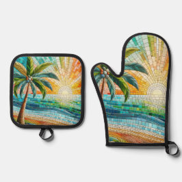 Mosaik Tropical Beach Sunset Palm Tree Ofenhandschuh & Topflappen-Set