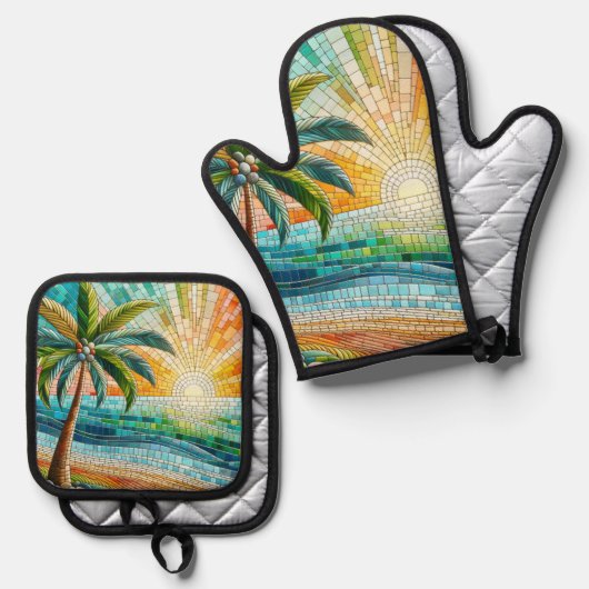 Mosaik Tropical Beach Sunset Palm Tree Ofenhandschuh & Topflappen-Set (Vorderseite/Rückseite)