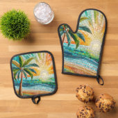 Mosaik Tropical Beach Sunset Palm Tree Ofenhandschuh & Topflappen-Set (Oben Unten)