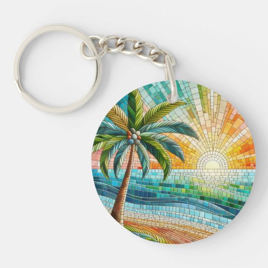 Mosaik Tropical Beach Sunset Palm Tree Round Schlüsselanhänger (Vorderseite)