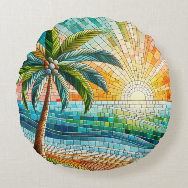 Mosaik Tropical Beach Sunset Palm Tree Rundes Kissen (Vorderseite)