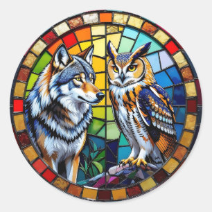 Mosaik Wolf und Eule Lebendige Kunst Runder Aufkleber