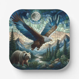 Mosaikbär und Adler im Gebirge Pappteller
