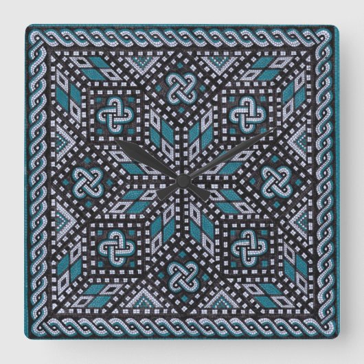 Mosaikbild schwarz grau und matisblau quadratische wanduhr (Vorderseite)