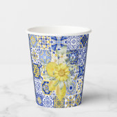 Mosaikblüten in Blau und Gelb Pappbecher (Rückseite)