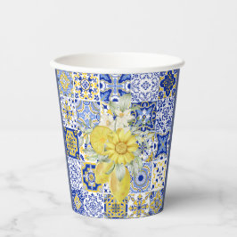 Mosaikblüten in Blau und Gelb Pappbecher