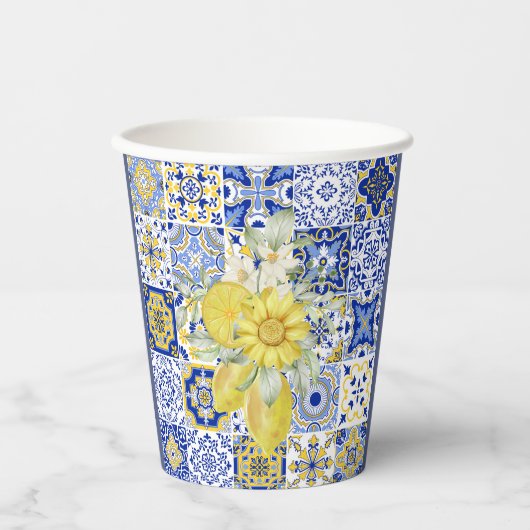 Mosaikblüten in Blau und Gelb Pappbecher (Vorderseite)