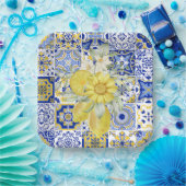 Mosaikblüten in Blau und Gelb Pappteller (Party)