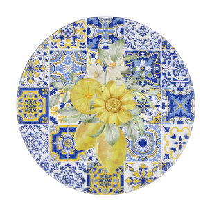 Mosaikblüten in Blau und Gelb Schneidebrett