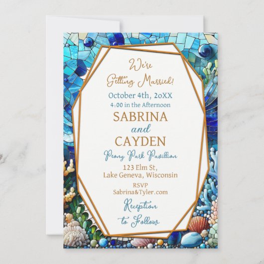 Mosaike Seepferde Romantischer Strand Einladung (Rückseite)