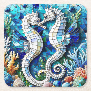 Mosaike Seepferde Romantischer Strand Rechteckiger Pappuntersetzer