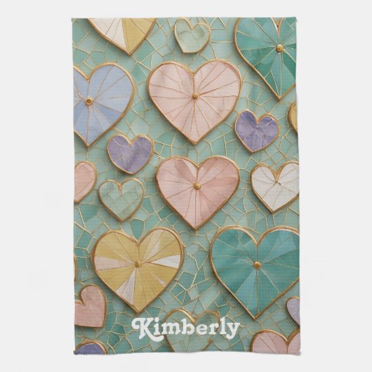 Mosaikische Liebe: Pastel Hearts Geschirrtuch (Vertikal)