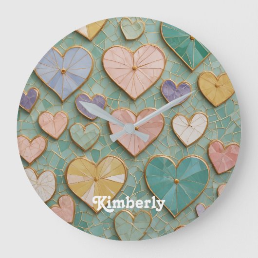 Mosaikische Liebe: Pastel Hearts Große Wanduhr (Vorderseite)