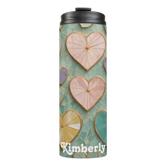 Mosaikische Liebe: Pastel Hearts Thermosbecher (Vorderseite)