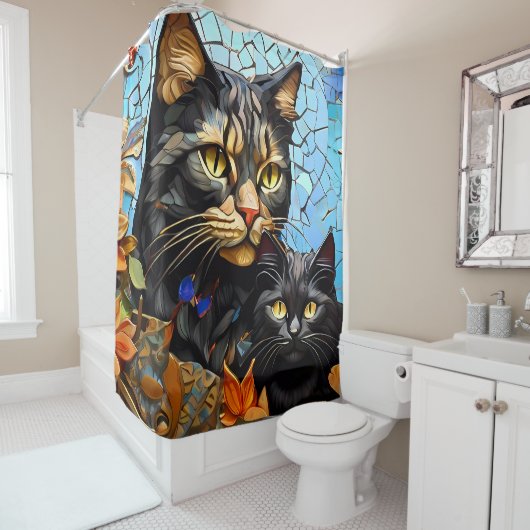 Mosaikkatze aus festem Glas - künstlerische Feline Duschvorhang (Beispiel)