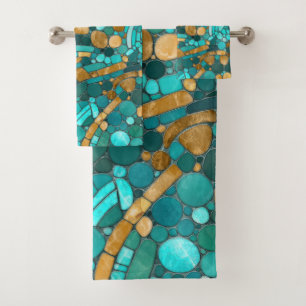 Mosaikkunst aus Kies - Smaragd und Gold Badhandtuch Set
