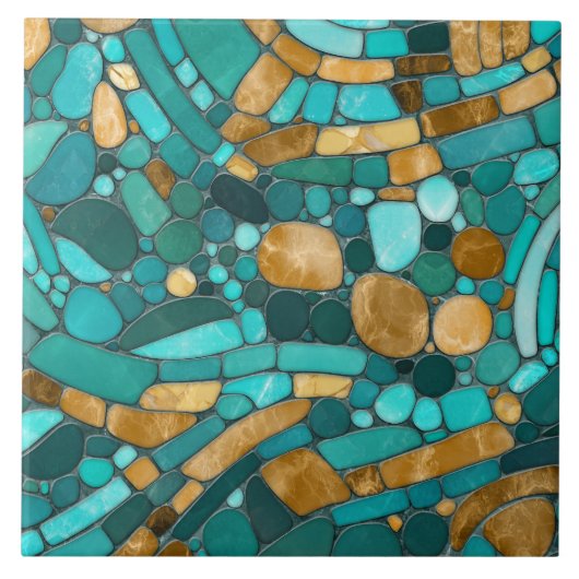 Mosaikkunst aus Kies - Smaragd und Gold Fliese (Vorderseite)