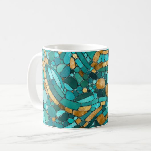 Mosaikkunst aus Kies - Smaragd und Gold Kaffeetasse (Vorderseite Links)